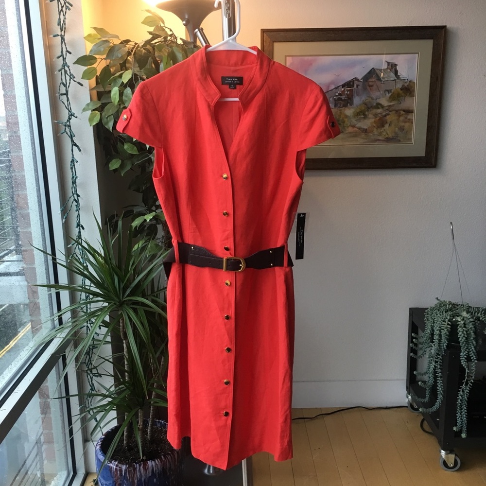 NEW Tahari Poppy Red Dress with a Brown Belt
